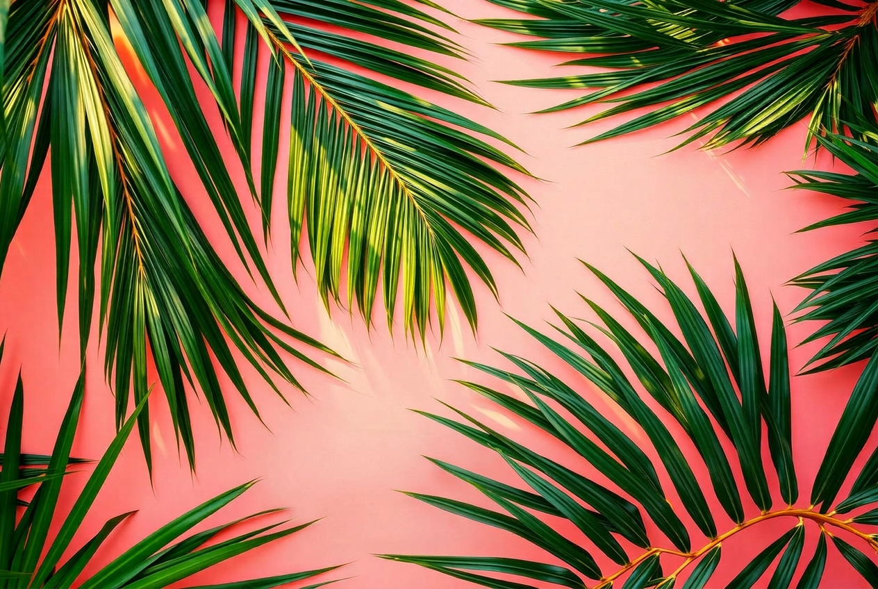 Palm fronds and mahjong tiles on coral background